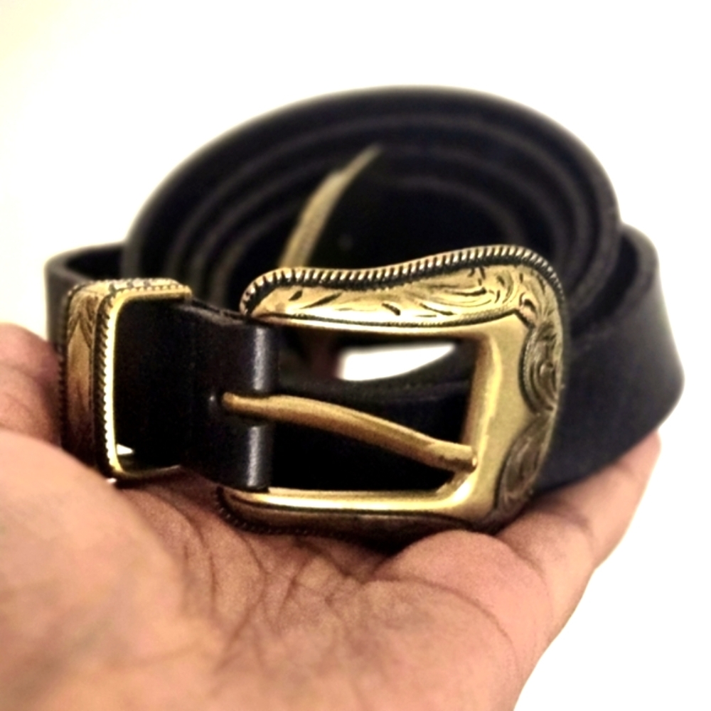 Elegant Black Leather Belt with Gold Buckle